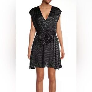 Alice + Olivia Black Essie Burnout Satin Mini faux Wrap Dress- Zebra
